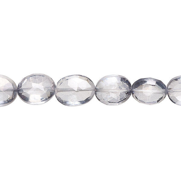 Bead, quartz crystal (coated), blue steel, 8x7mm-11x8mm hand-cut faceted puffed oval, B grade, Mohs hardness 7. Sold per 7-inch strand, approximately 20 beads. image number 0