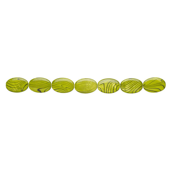 Mother-of-pearl shell 1pkg1, flat oval bead 15 inch apple green and black 30x20mm-31x21mm image number 1