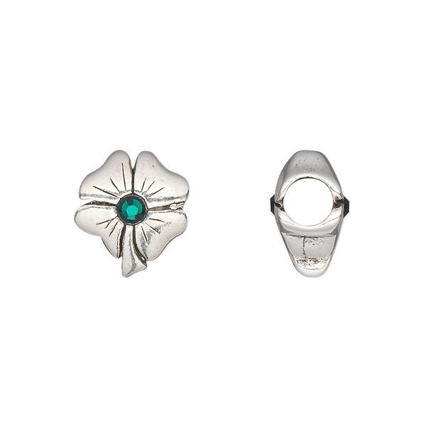 Bead, Dione®, antique silver-plated pewter (tin-based alloy) and glass, green, 13.5x11.5mm double-sided 4-leaf clover. Sold individually. image number 0