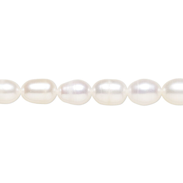Pearl, cultured freshwater (bleached), white, 6x5mm-9x6mm rice, C grade, Mohs hardness 2-1/2 to 4. Sold per 14-inch strand. image number 0