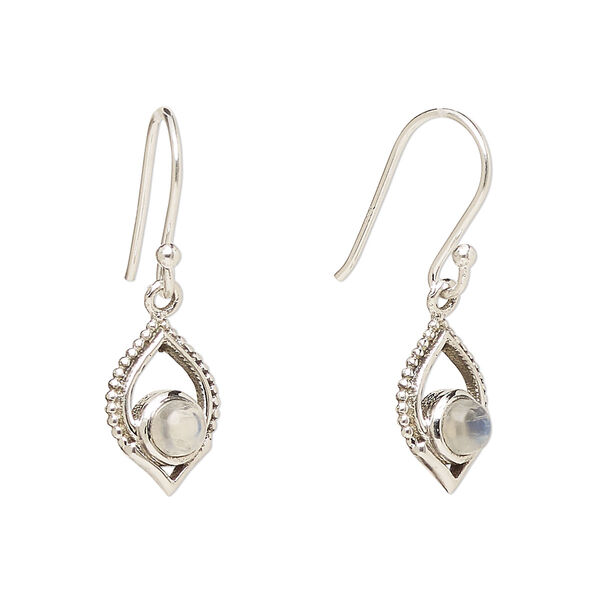 Ear wire, Create Compliments®, antiqued sterling silver and rainbow moonstone (natural), fishhook, 28mm with 13.5x9mm single-sided marquise, 21 gauge. Sold per pair. image number 0