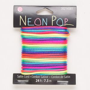 Cord, satin, neon rainbow, 2mm round. Sold per 24-foot pkg.