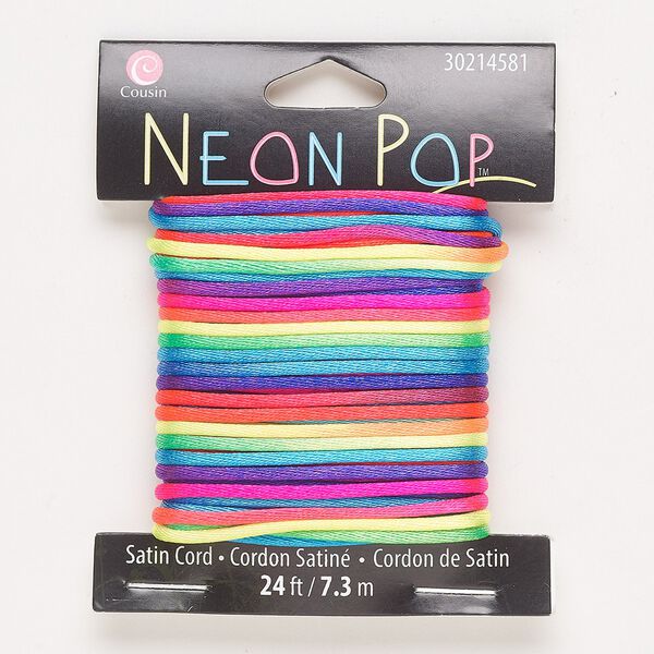 Cord, satin, neon rainbow, 2mm round. Sold per 24-foot pkg. image number 0