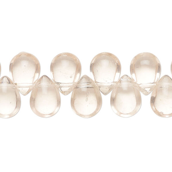 Bead, glass, transparent light blush, 11x8mm top-drilled puffed teardrop. Sold per 10-inch strand, approximately 45 beads. image number 0