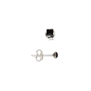 Earring 1pkg2 sterling silver, 3mm square earstud / earnuts, glass jet 1 pair
