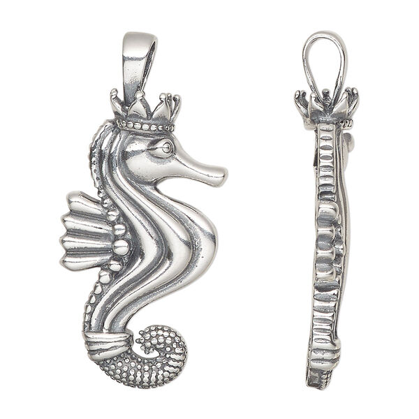 Pendant, antiqued sterling silver, 31x17mm seahorse with crown. Sold individually. image number 0