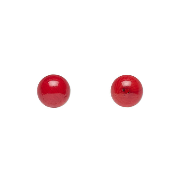 Bead, bamboo coral (dyed), red, 7.5-8.5mm half-drilled round, Mohs hardness 3-1/2 to 4. Sold per pkg of 2. image number 0