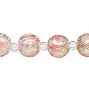 Bead, glass 1pkg8, transparent pink and gold, 12mm round with crackle finish and hand-painted spiral.