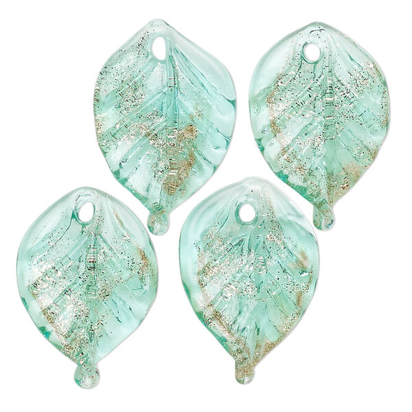 Drop, lampworked glass, translucent teal and gold, 22x15mm leaf. Sold per pkg of 4. image number 0
