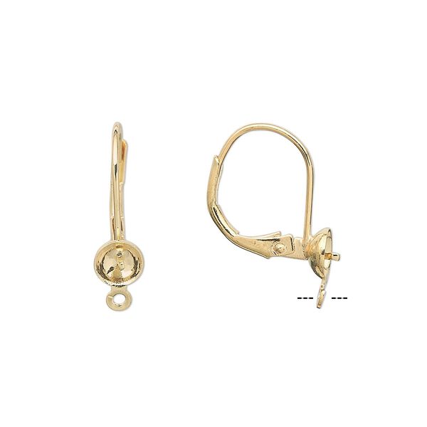 Ear wire leverback 1pkg10, gold-plated, 18mm / 5mm cup / 3mm peg / open loop / 6-8mm round setting, brass 5 pair image number 0