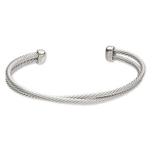 Bracelet, cuff, silver-finished "pewter" (zinc-based alloy) and brass, 9mm wide double twisted cable, 7-inch adjustable. Sold individually.
