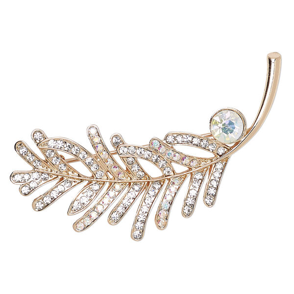 Brooch, glass rhinestone and rose gold-finished "pewter" (zinc-based alloy), clear AB, 65x25mm leaf. Sold individually. image number 0