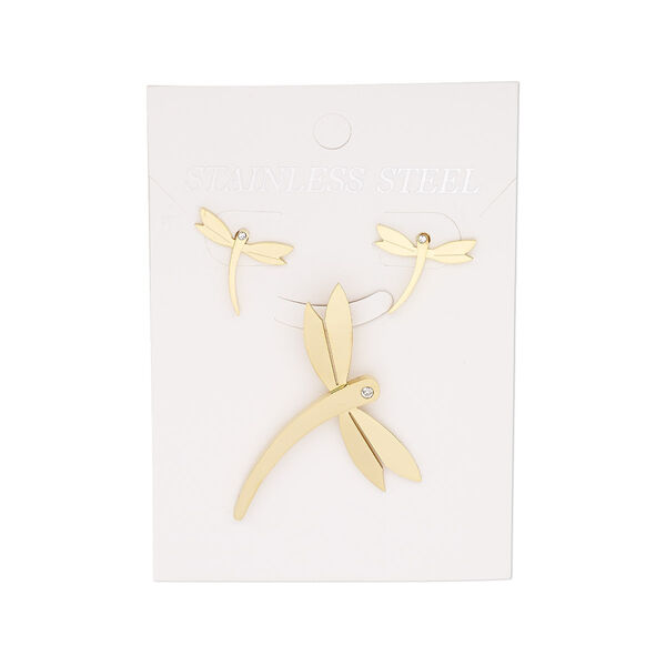 Pendant and earring, glass rhinestone and gold-finished stainless steel, clear, 46x25mm dragonfly pendant, 14mm with dragonfly and post. Sold per set. image number 0