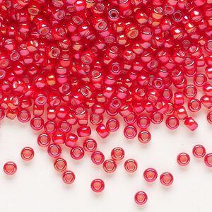 Seed bead, Miyuki, glass, pkg/250g, #8 rocaille, opaque white-lined luster flame red, (RR-3762).
