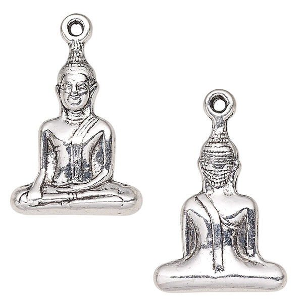 Focal, antique silver-plated "pewter" (zinc-based alloy), 30x23mm 3D Buddha. Sold per pkg of 2. image number 0