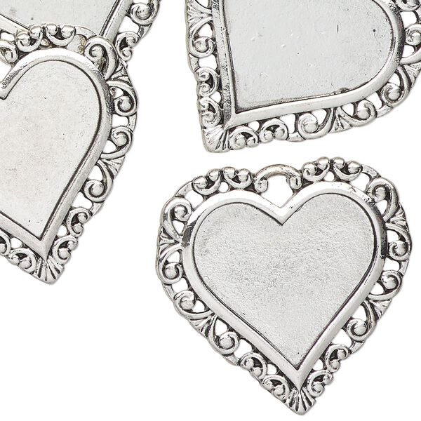 Charm, antique silver-finished "pewter" (zinc-based alloy), 28x24mm fancy heart, 19x17mm mount size. Sold per pkg of 6. image number 0