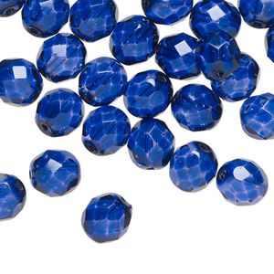 Bead, Czech fire-polished dipped décor glass 1pkg600, translucent cobalt, 8mm faceted round.