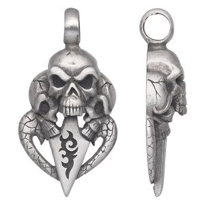 Pendant, Powerful Pewter Pendants, antiqued pewter (tin-based alloy), 53x28mm single-sided skulls. Sold individually.