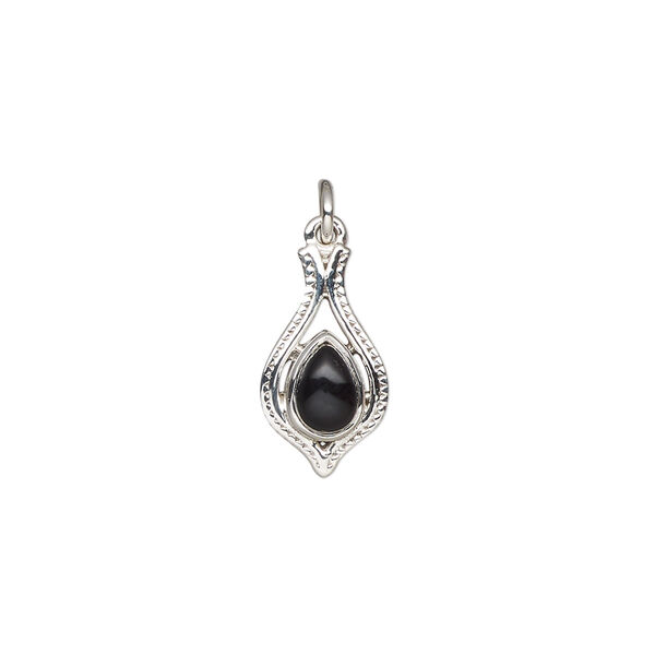 Black onyx / sterling silver 1pkg1, antiqued open beaded teardrop drop 15x9mm image number 0
