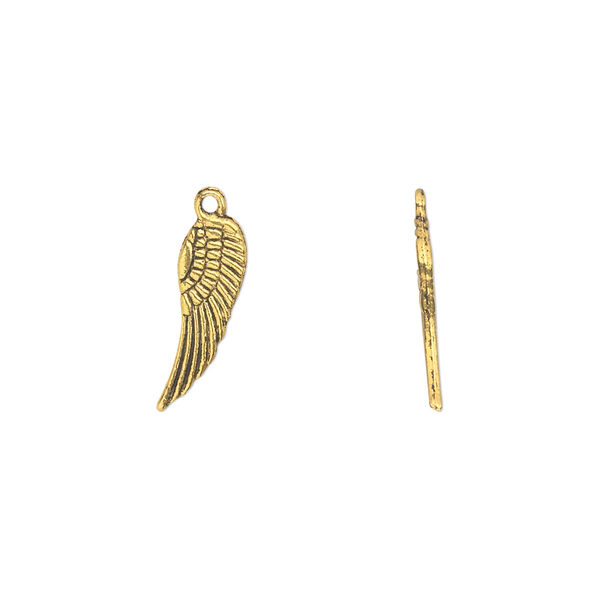 Charm, antique gold-finished "pewter" (zinc-based alloy), 15x5mm double-sided wing. Sold per pkg of 50. image number 0