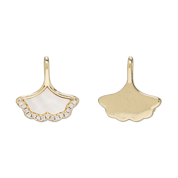 Pendant 1pkg1 brass / mother-of-pearl shell / glass rhinestone, 16x9mm ginkgo leaf, bleached gold finish / white / clear image number 0