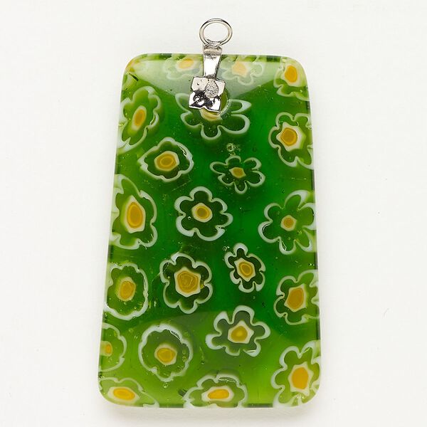 Focal 1pkg1 silver-finished steel and millefiori glass, translucent and transparent green / yellow / white, 43x28mm-44x28mm puffed trapezoid. image number 0