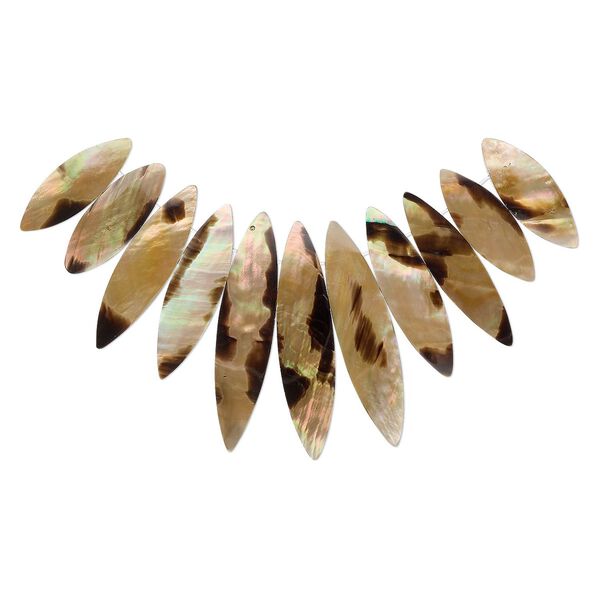 Bead, brown lip shell and resin (assembled), black, 32x12mm-51x15mm graduated fan, Mohs hardness 3-1/2. Sold per 11-piece set. image number 0