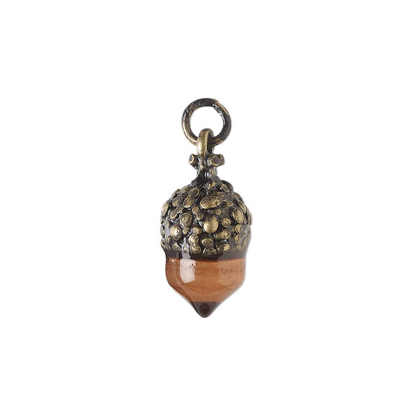 Drop, antique gold-finish "pewter" (zinc-based alloy) and glass, brown, 17x10mm acorn. Sold individually. image number 0