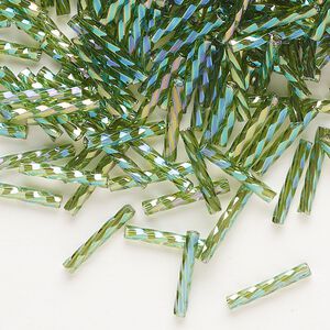 Bugle bead, Dyna-Mites™, glass, translucent rainbow olive green, 12mm twisted. Sold per 1/2 kilogram pkg.