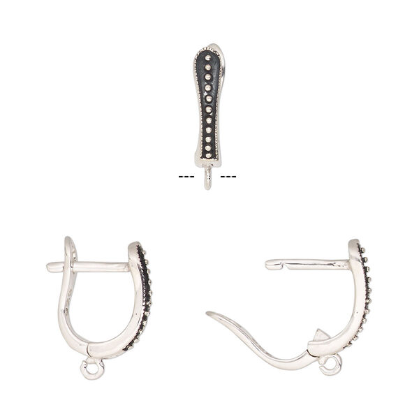 Ear wire, antiqued sterling silver, 16.5mm hinged leverback with beaded pattern and open loop. Sold per pair. image number 0