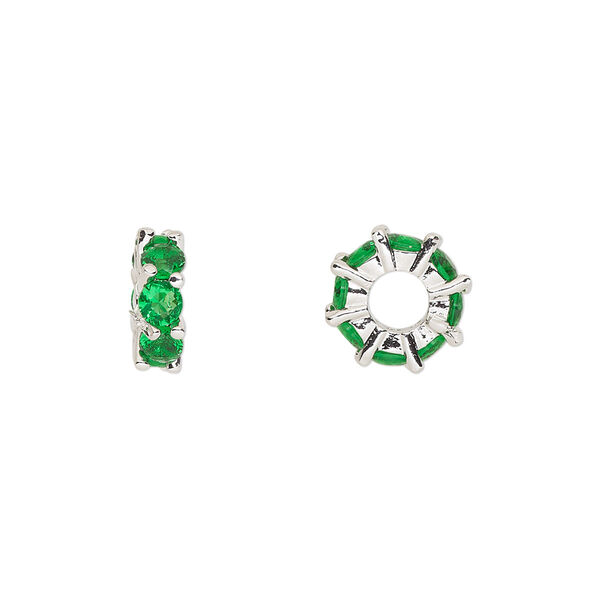 Bead, cubic zirconia and silver-plated brass, emerald, 10.5x3.5mm rondelle. Sold per pkg of 2. image number 0