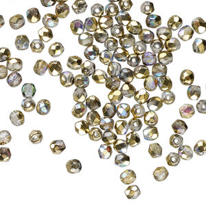 Bead 1pkg120, Czech fire-polished glass, two-tone clear AB and metallic amber gold, 3mm faceted round.