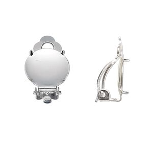 Earring clip-on 1pkg10 silver-plated, 14mm flat pad round / 13mm round 4-prong setting, steel / brass 5 pair