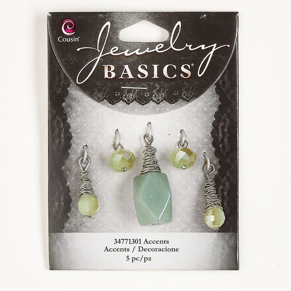 Drop assortment, silver-finished steel / brass / green aventurine (natural) / glass, green AB, mixed sizes and shapes. Sold per pkg of 5. image number 0