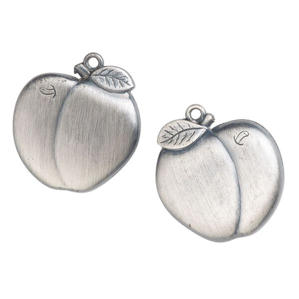 Focal, acrylic, gunmetal, 35.5x35mm top-drilled 2-sided apple with worm and leaves. Sold per pkg of 2. image number 0