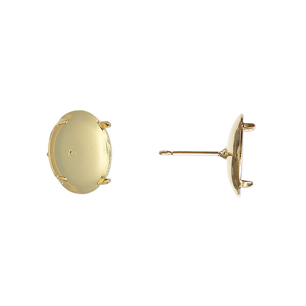 Earstud, gold-plated steel and stainless steel, 13mm round flat pad with 12mm 4-prong round setting. Sold per pkg of 50 pairs. image number 0