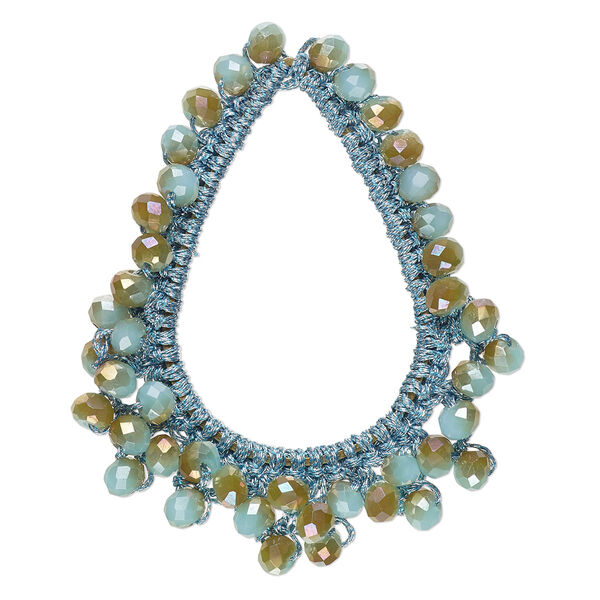 Focal, glass / nylon / steel, turquoise blue and copper, 52x43mm-55x44mm open teardrop with fringe.. Sold per pkg of 2. image number 0