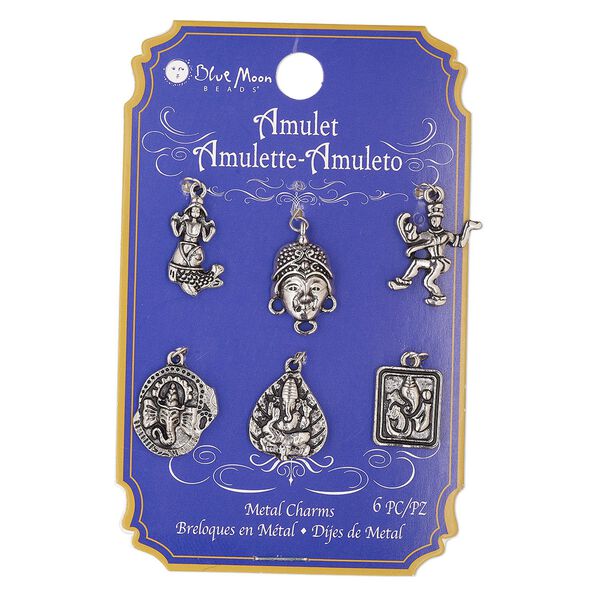 Charm mix, antique silver-finished "pewter" (zinc-based alloy), mixed sizes and shapes, single-sided. Sold per pkg of 6. image number 0
