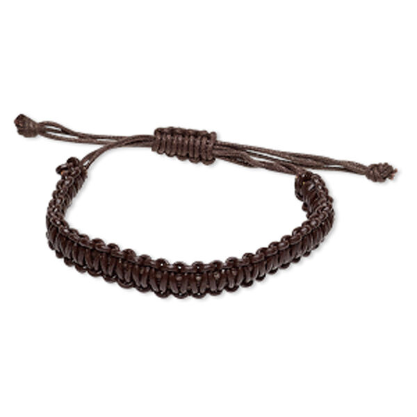 Bracelet, leather (dyed), brown, 9mm wide braided, adjustable from 5-8 inches with macramé knot closure. Sold individually. image number 0
