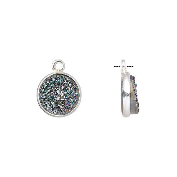 Druzy agate / sterling silver 1pkg1, electrocoated hand-cut flat round drop 11mm image number 0