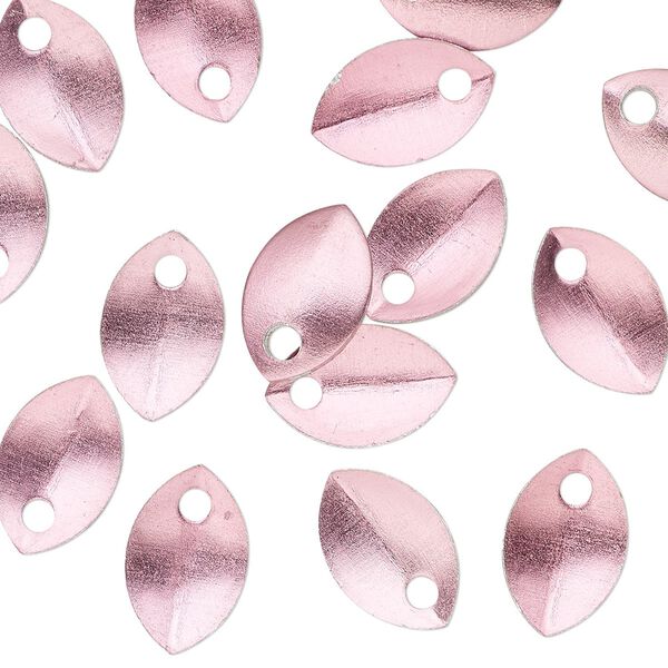 Component, anodized aluminum, pink, 11x7mm 2-sided curved scale blank with 1.5mm hole, 20 gauge. Sold per pkg of 20. image number 0