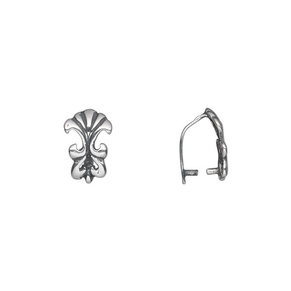 Bail, ice-pick, antiqued sterling silver, 11x7.5mm single-sided fleur-de-lis, 8mm grip length. Sold individually. image number 0