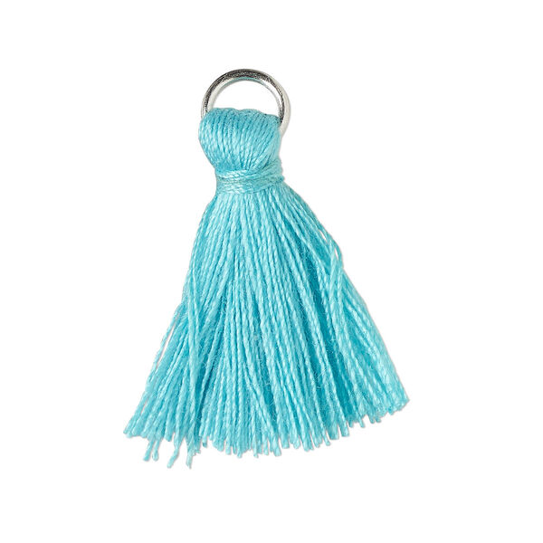 Tassel, cotton and imitation rhodium-finished steel, turquoise green, 20-24mm mini tassel with 6mm open jump ring. Sold per pkg of 6. image number 0