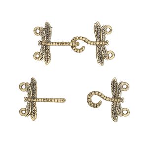 Clasp hook 1pkg1 gold-plated pewter (tin alloy), 33x18mm dragonfly, antique 2-strand