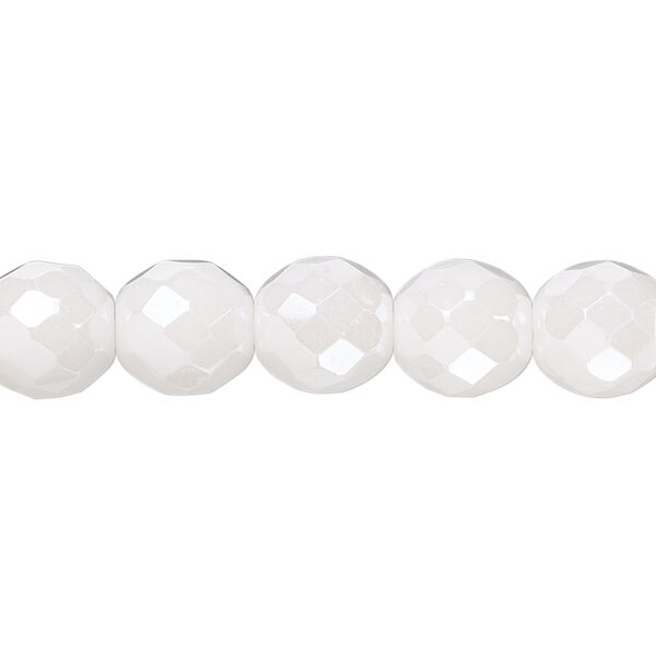 Bead, Czech fire-polished glass, opaque alabaster snow white luster, 10mm faceted round. Sold per 15-1/2" to 16" strand. image number 0