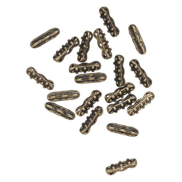 Spacer bar, 3-strand, antique brass-finished "pewter" (zinc-based alloy), 15x5mm rectangle with flower, fits up to 4.5mm beads. Sold per pkg of 20. image number 0