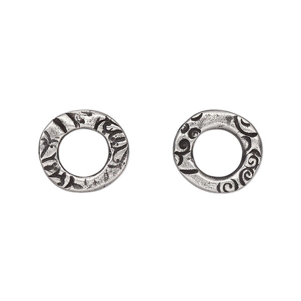 Component, TierraCast®, "Vida Mas Dulce" collection, antiqued pewter (tin-based alloy), 13x12mm uneven open round with flora design, 7mm inside diameter. Sold per pkg of 20. image number 0