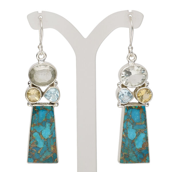 Earring, green quartz / citrine (heated) / sky blue topaz (irradiated) / magnesite (dyed / stabilized) / sterling silver, blue, 2-1/2 inches with fishhook ear wire, 21 gauge. Sold per pair. image number 0