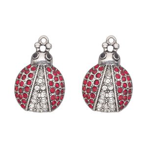 Charm, antique silver-finished "pewter" (zinc-based alloy) and glass, red, black and clear, 28x21mm single-sided ladybug. Sold per pkg of 2.