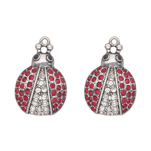 Charm, antique silver-finished "pewter" (zinc-based alloy) and glass, red, black and clear, 28x21mm single-sided ladybug. Sold per pkg of 2. image number 0